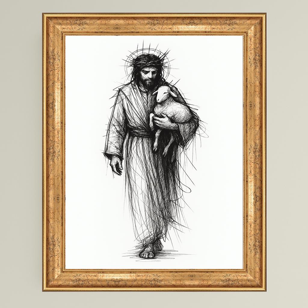 Jesus and Lamb Line Art Print: Minimalist Christian Wall Decor