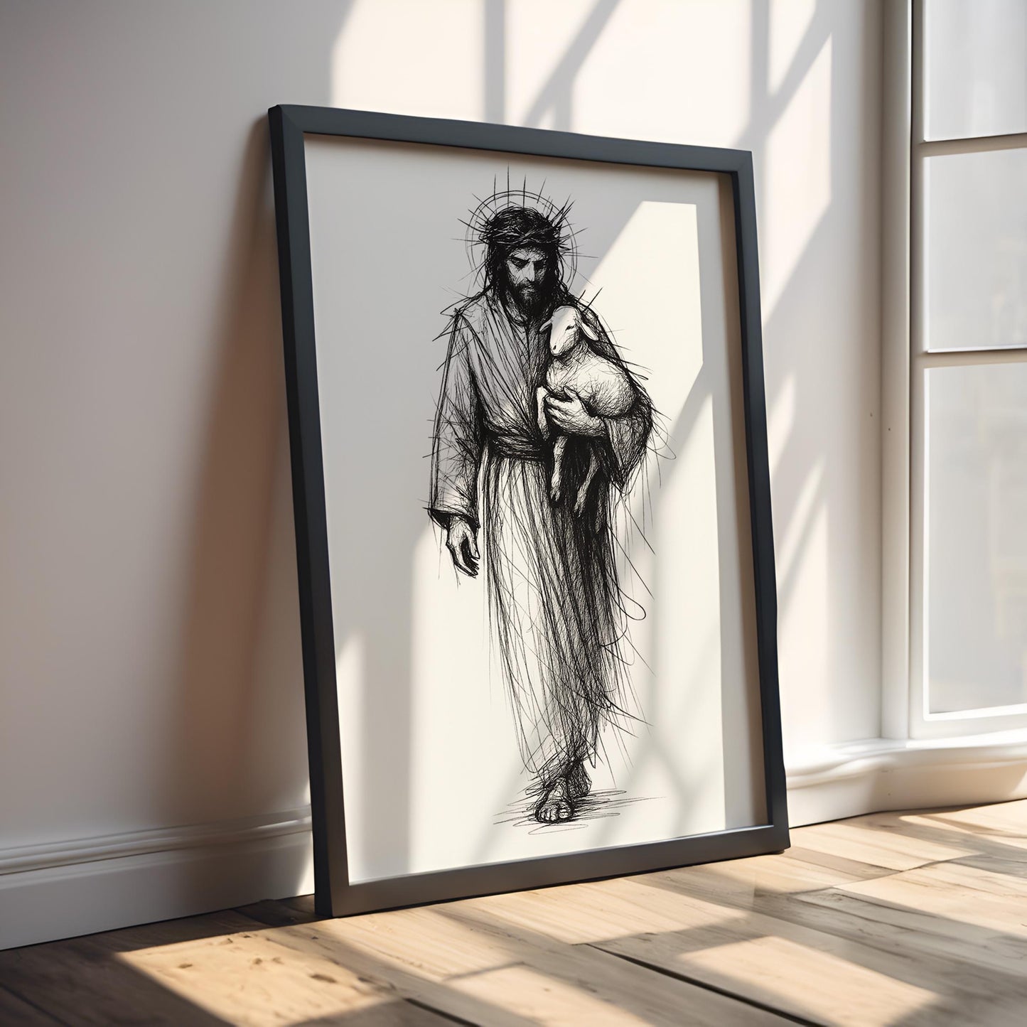 Jesus and Lamb Line Art Print: Minimalist Christian Wall Decor