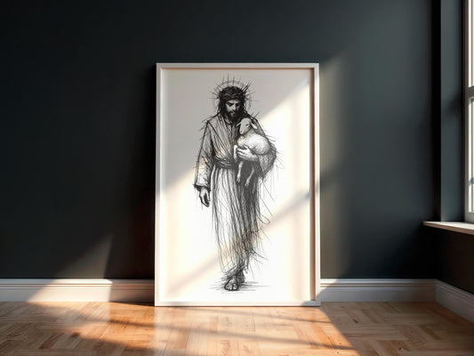 Jesus and Lamb Line Art Print: Minimalist Christian Wall Decor