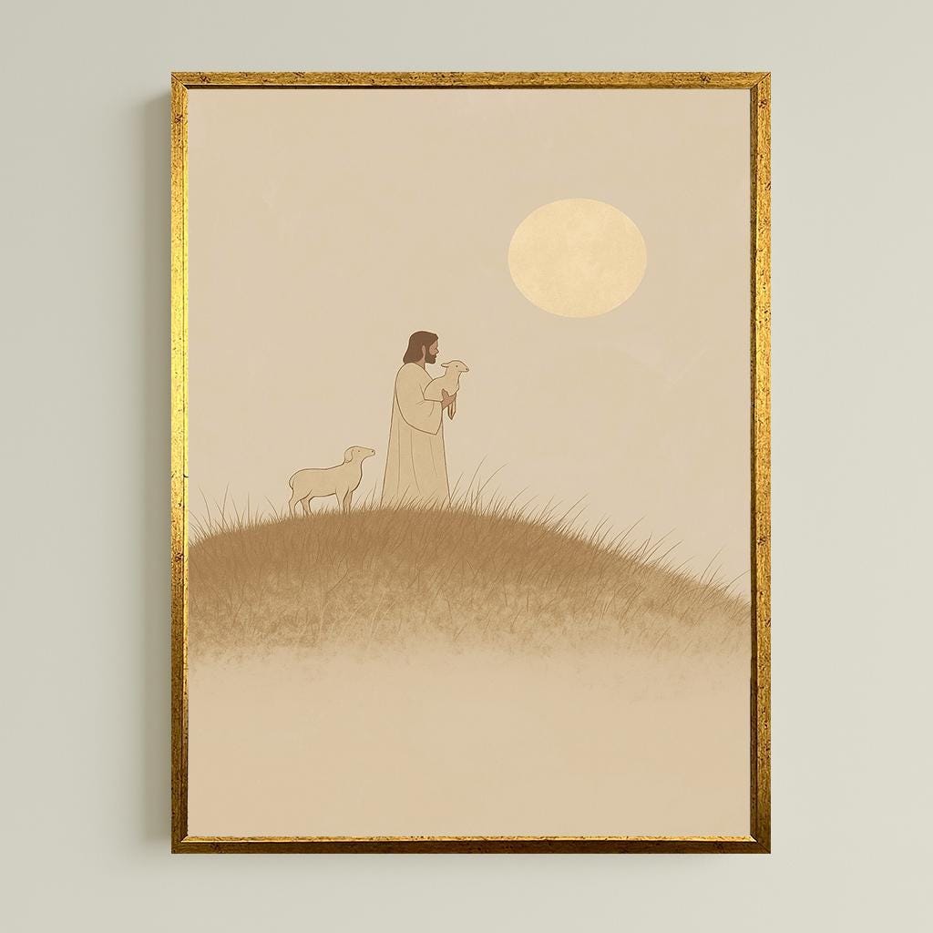 Jesus with Lamb Pastoral Scene Christian Minimalist Wall Art Faithful Shepherd Print Beige Modern Spiritual Decor for Home or Church