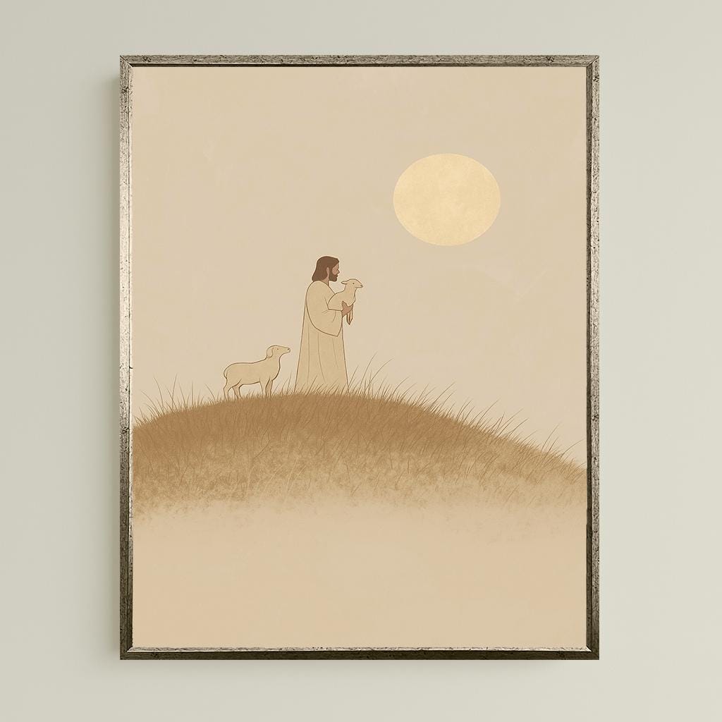 Jesus with Lamb Pastoral Scene Christian Minimalist Wall Art Faithful Shepherd Print Beige Modern Spiritual Decor for Home or Church