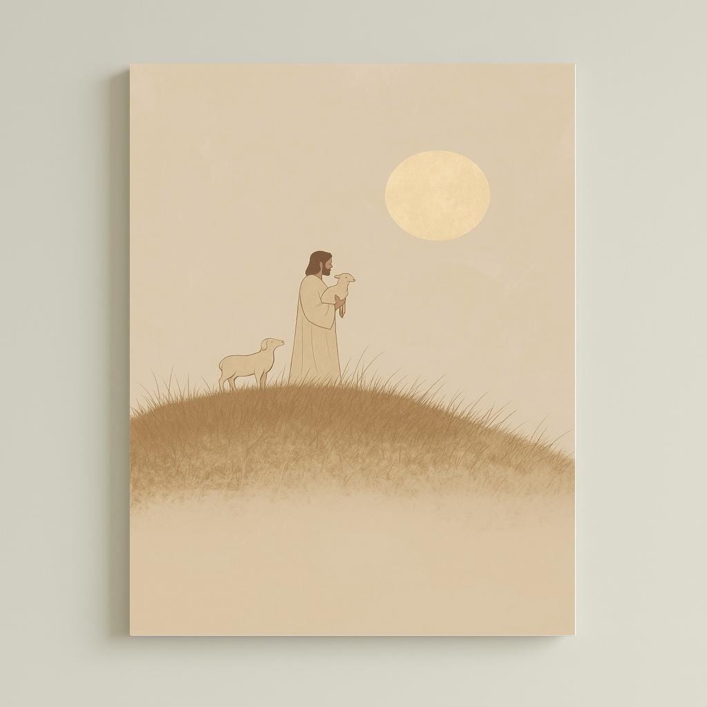 Jesus with Lamb Pastoral Scene Christian Minimalist Wall Art Faithful Shepherd Print Beige Modern Spiritual Decor for Home or Church