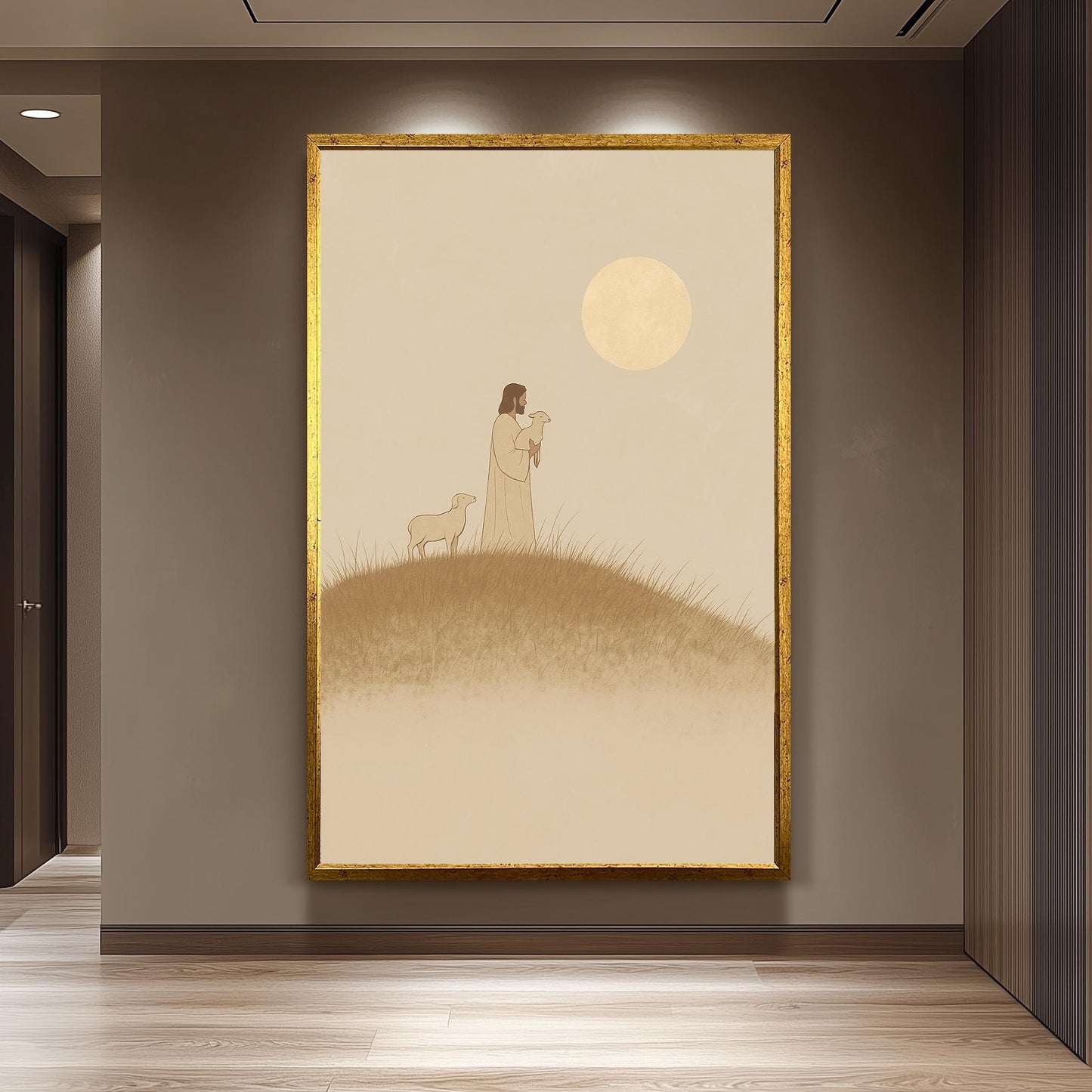 Jesus with Lamb Pastoral Scene Christian Minimalist Wall Art Faithful Shepherd Print Beige Modern Spiritual Decor for Home or Church