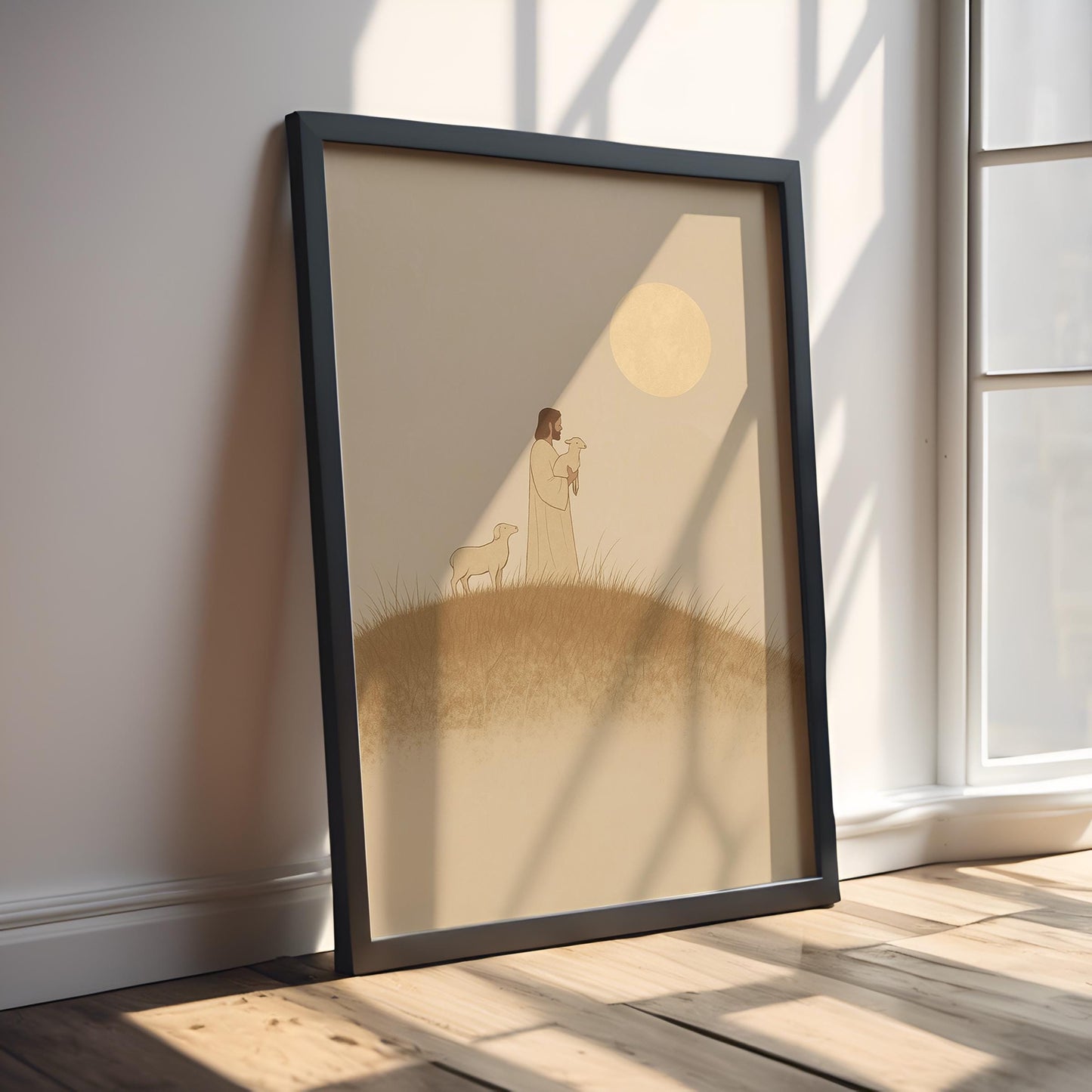 Jesus with Lamb Pastoral Scene Christian Minimalist Wall Art Faithful Shepherd Print Beige Modern Spiritual Decor for Home or Church