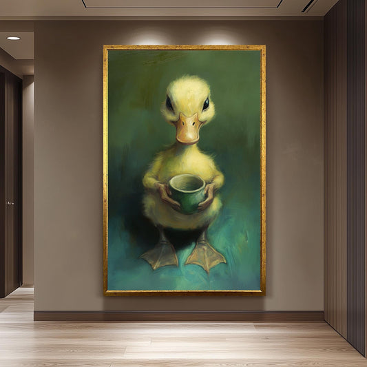 Surreal Duck Oil Painting Wall Art, Whimsical Animal Artwork, Cute Duck Holding Cup Print, Vintage Aesthetic Home Decor, Cottagecore Gift