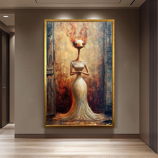 Surreal Duck Woman Oil Painting, Fantasy Gothic Wall Art, Dark Elegant Bird Portrait, Mysterious Avian Lady Print, Unique Vintage Decor
