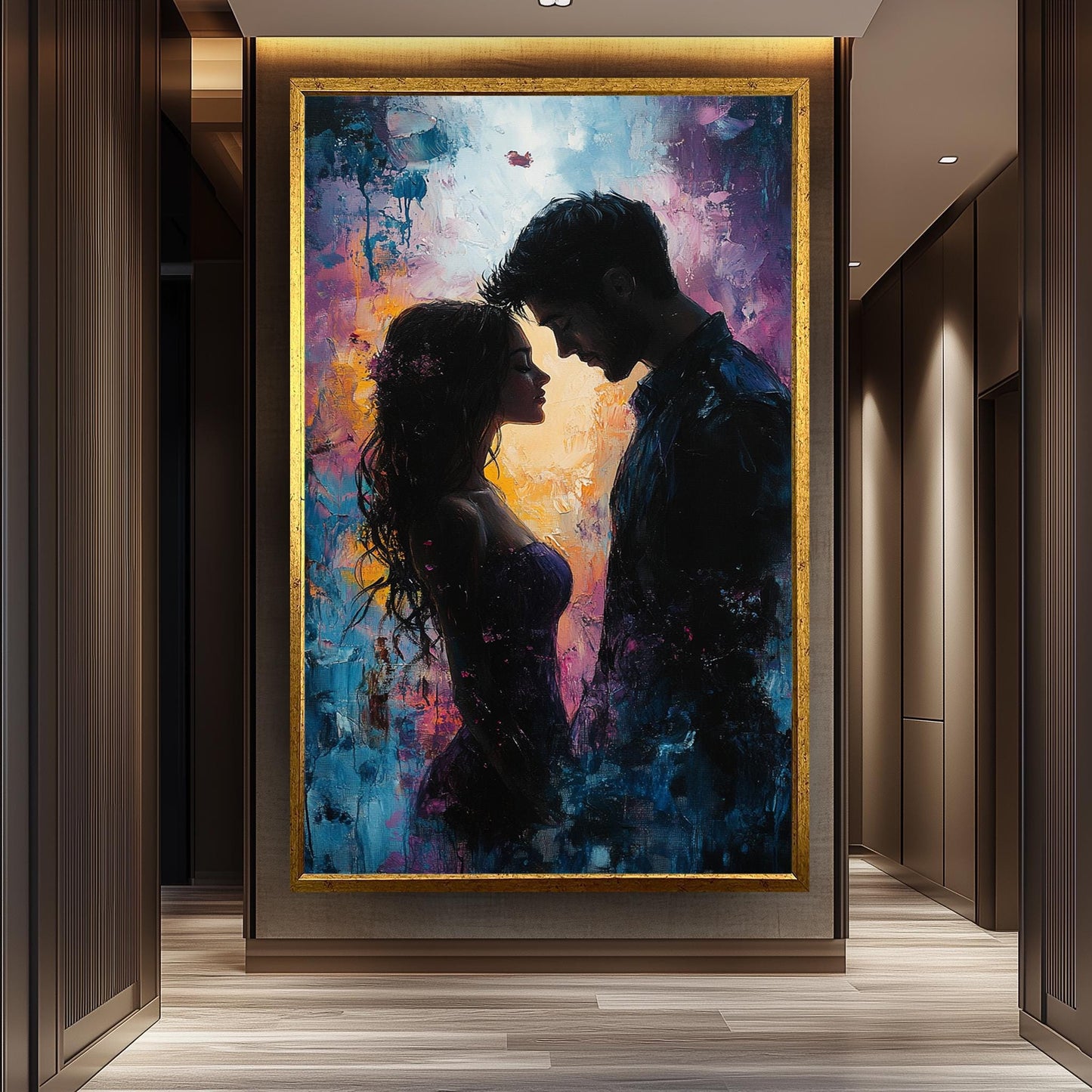 Romantic Couple Painting, Intimate Lovers Wall Art, Passionate Love Silhouette Print, Abstract Relationship Artwork, Modern Bedroom Decor