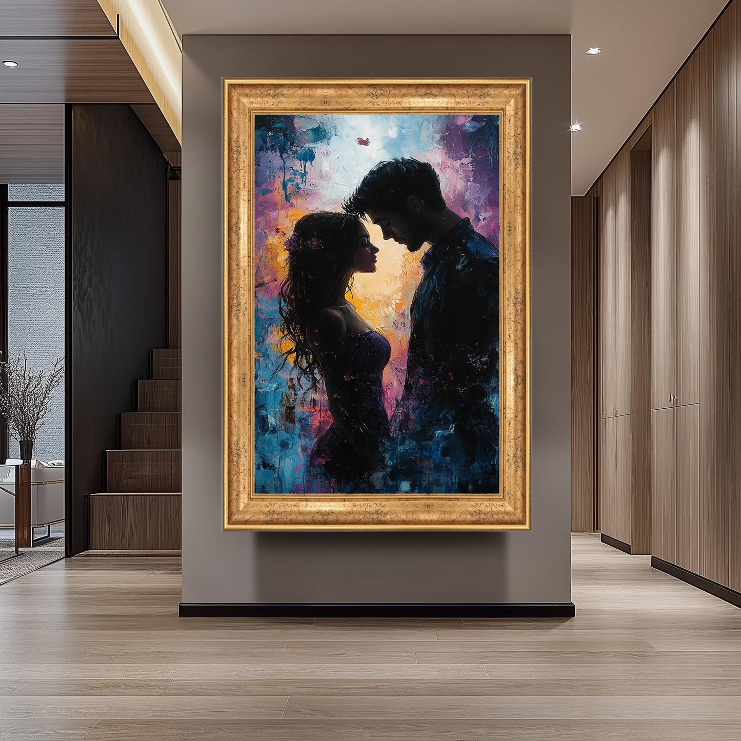 Romantic Couple Painting, Intimate Lovers Wall Art, Passionate Love Silhouette Print, Abstract Relationship Artwork, Modern Bedroom Decor