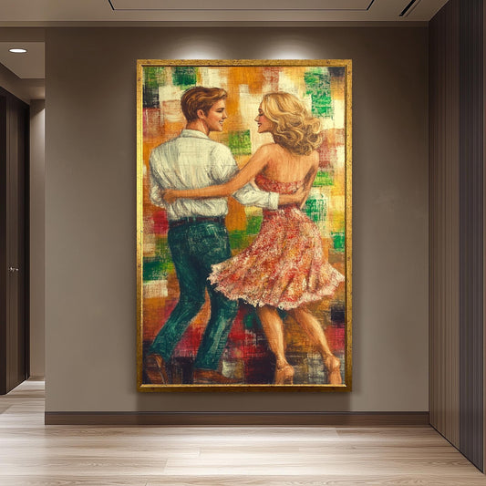 Romantic Dancing Couple Wall Art, Colorful Textured Painting, Love and Passion Artwork, Elegant Ballroom Dance Print, Rustic Home Decor