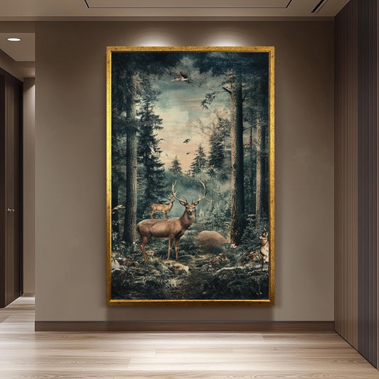 Enchanted Forest Deer Artwork, Vintage Woodland Wall Art, Mystical Wildlife Scene, Majestic Stag and Fawns, Rustic Nature Home Decor