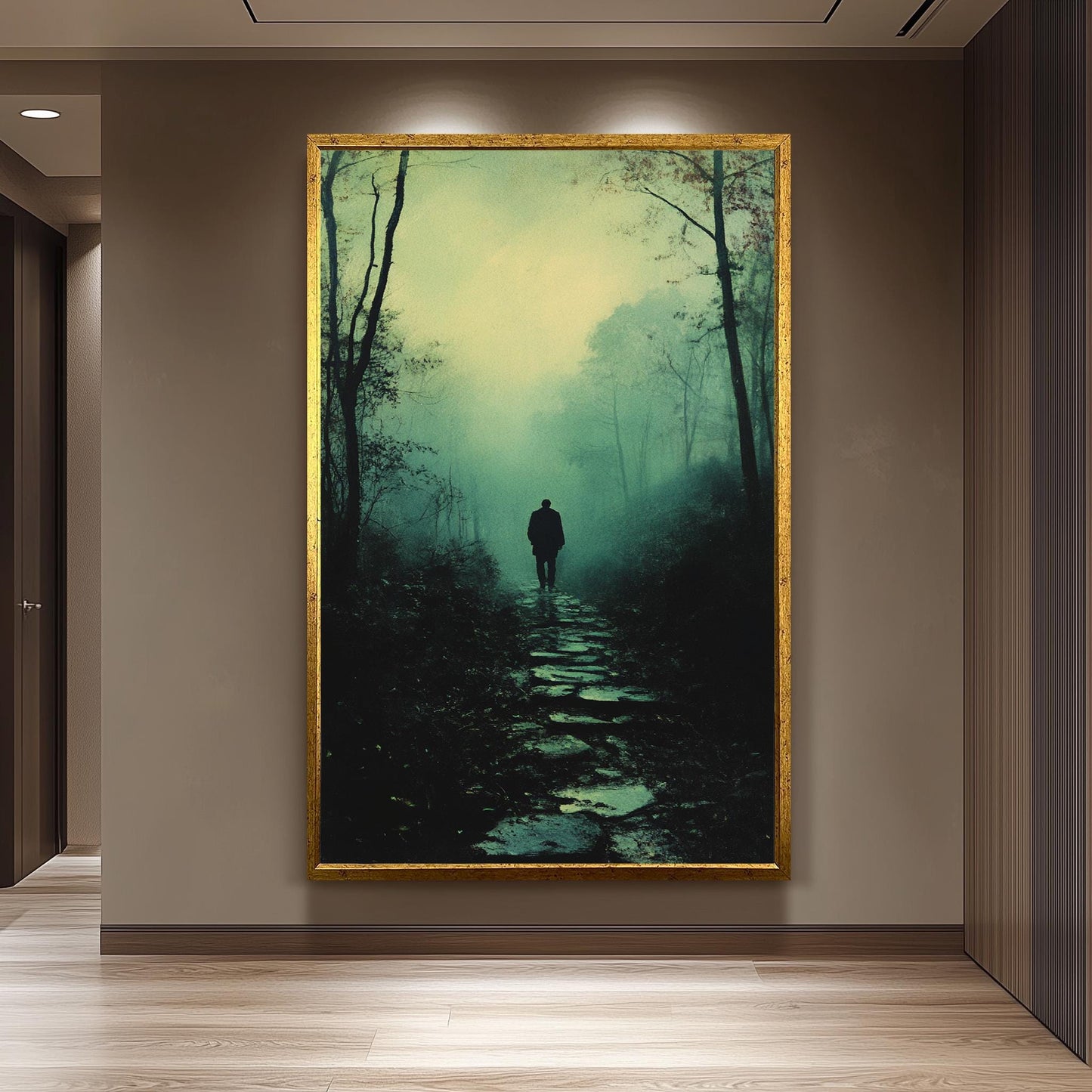 Mysterious Figure in Foggy Forest, Moody Atmospheric Artwork, Dark Aesthetic Wall Art, Solitary Man Walking, Vintage Noir Landscape Print