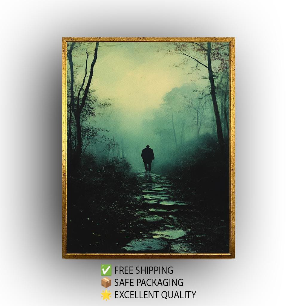 Mysterious Figure in Foggy Forest, Moody Atmospheric Artwork, Dark Aesthetic Wall Art, Solitary Man Walking, Vintage Noir Landscape Print