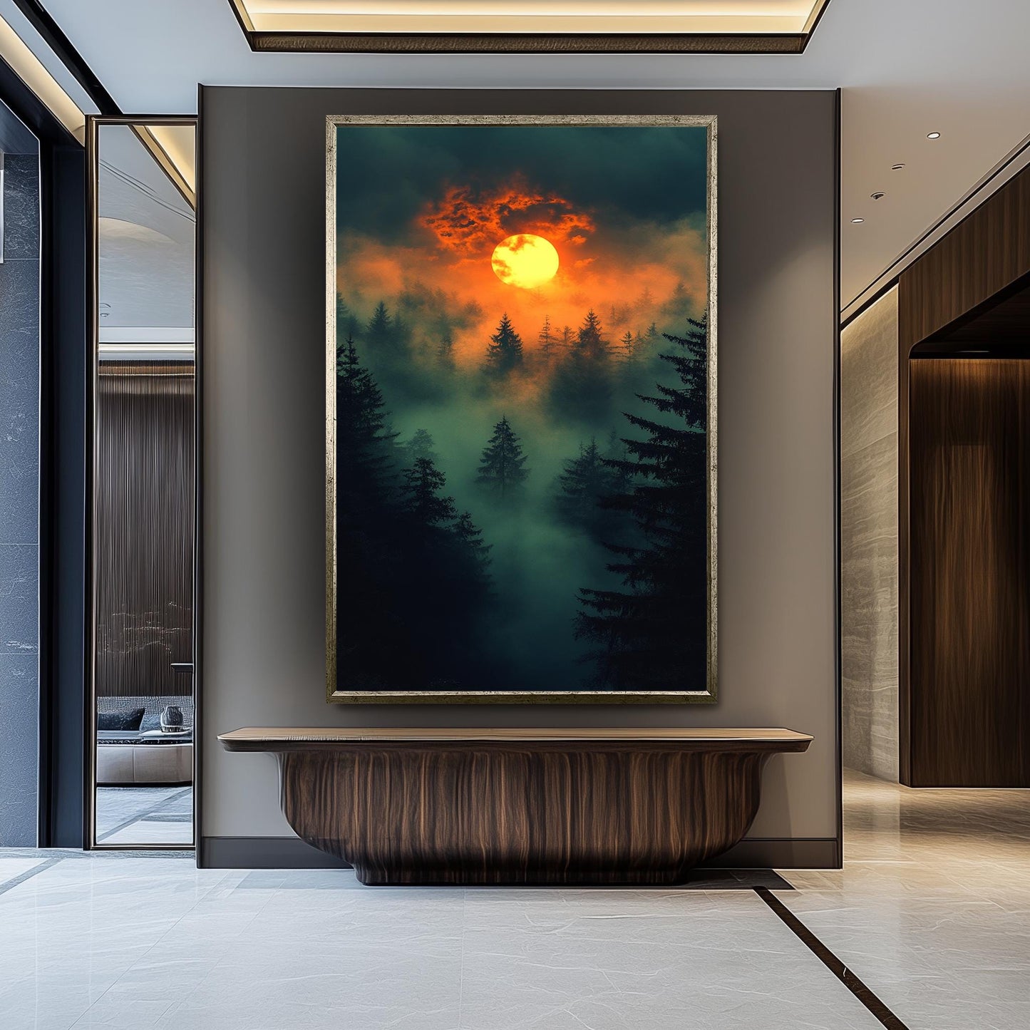 Mystical Sunset Over Foggy Forest, Dramatic Nature Wall Art, Enchanted Woodland Landscape, Moody Atmospheric Print, Dark Fantasy Decor