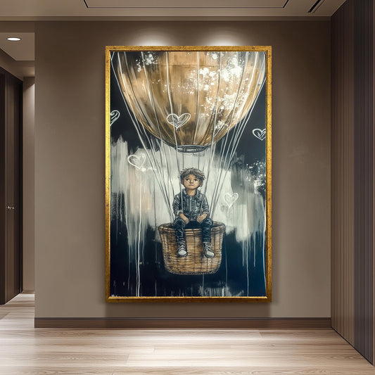 Graffiti-Style Hot Air Balloon Art, Dreamy Adventure Wall Decor , Boy in Balloon Painting, Black and Gold Fantasy Artwork, Urban Street Art