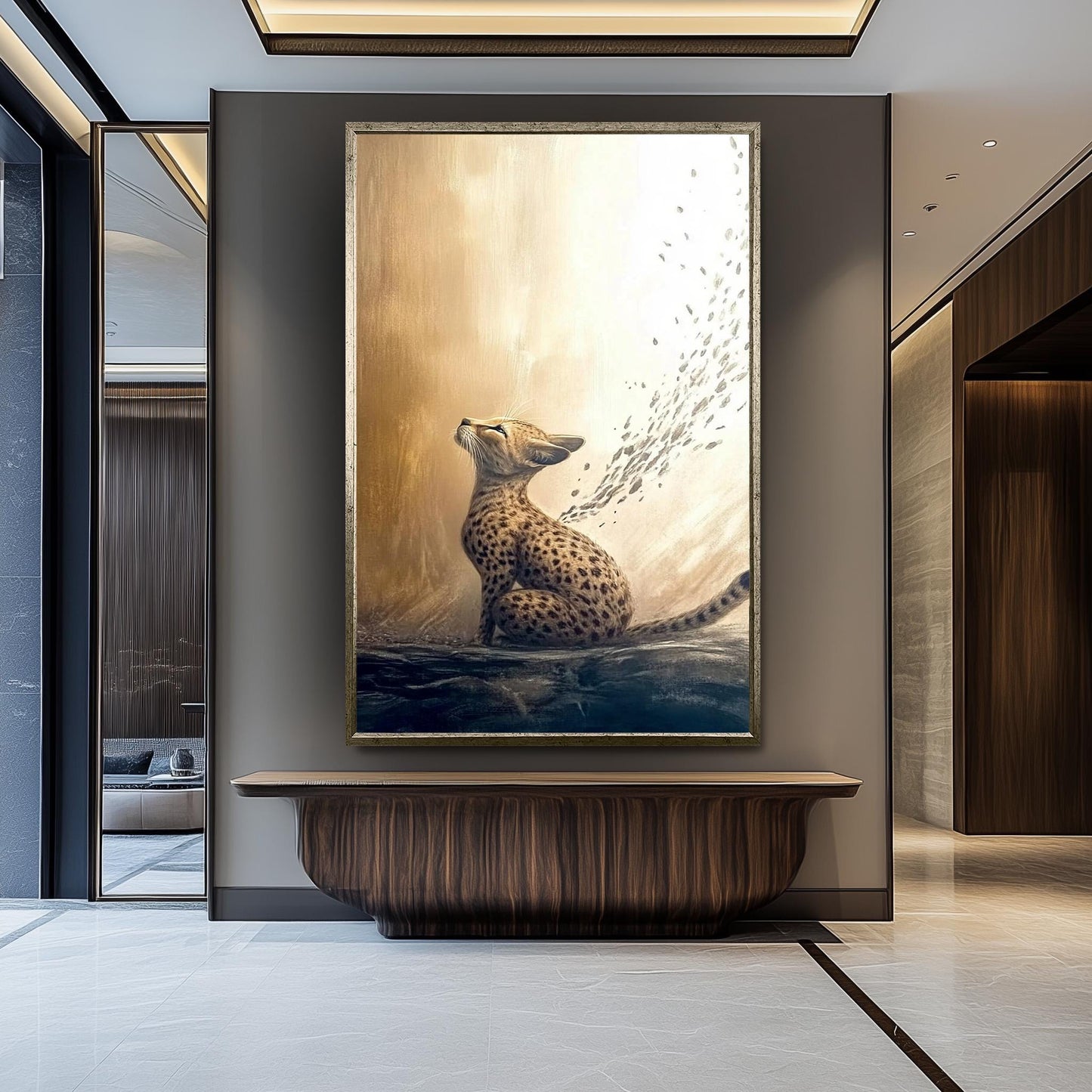 Elegant Cheetah Artwork, Golden Animal Wall Art, Dreamy Wildlife Painting, Abstract Big Cat Decor, Majestic Nature-Inspired Print, Wall Art