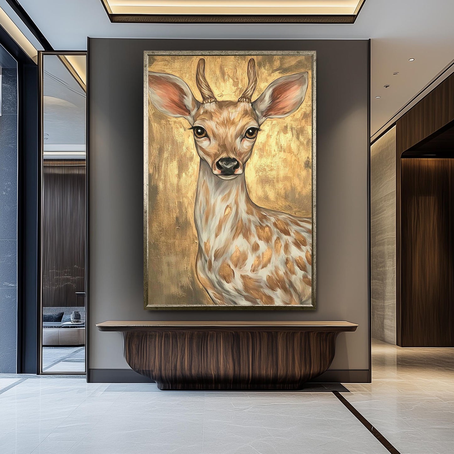Golden Deer Painting on Canvas, Elegant Wildlife Wall Art, Hand Painted Animal Artwork, Modern Gold Home Decor, Rustic Nature Gift for Her