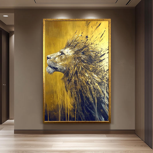 Golden Lion Abstract Painting, Majestic Animal Wall Art, Hand Painted Modern Wildlife Canvas, Bold Gold and Black Decor, Regal Lion Gift