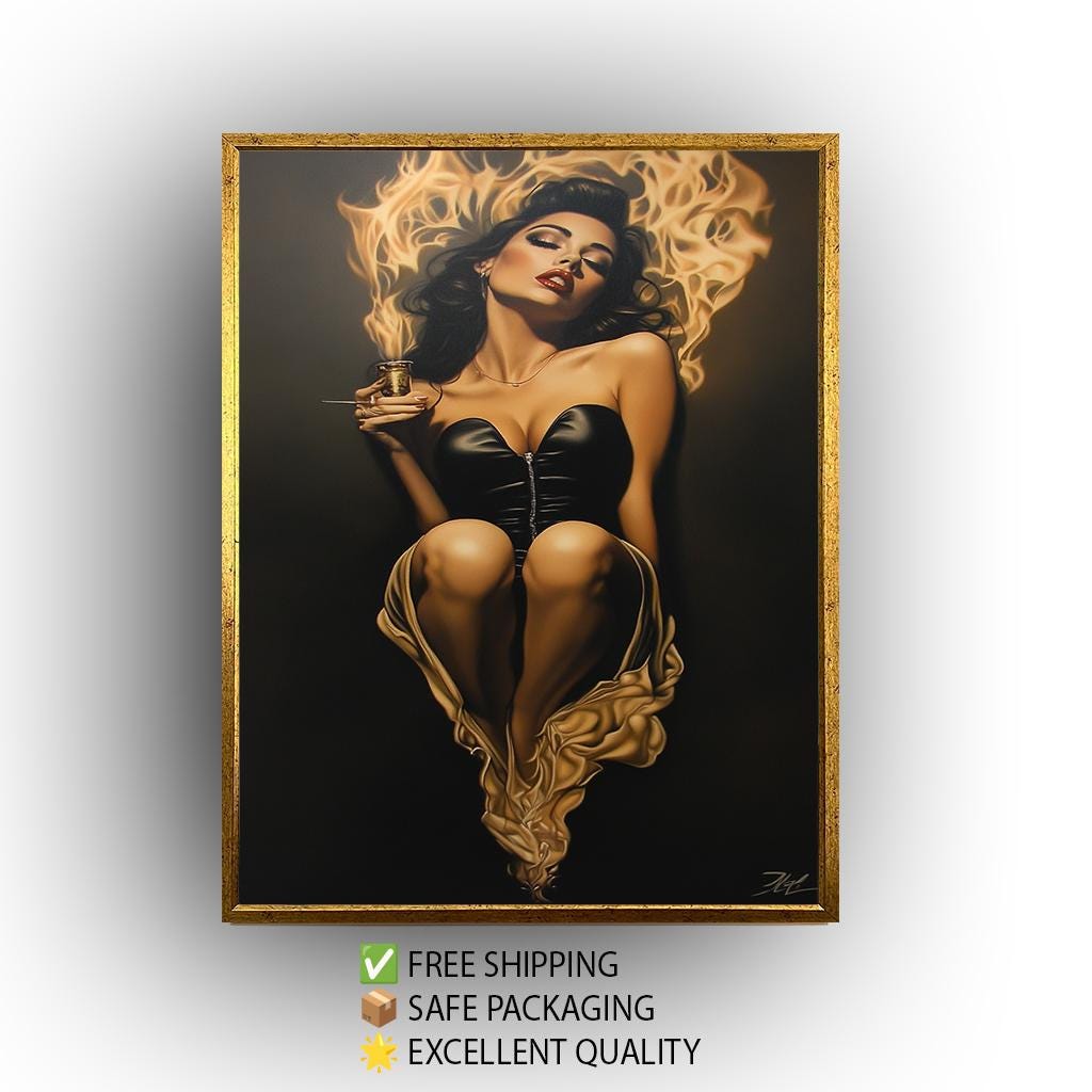Sensual Woman Painting on Canvas, Fiery Femme Fatale Art, Hand Painted Seductive Wall Decor, Glamorous Modern Portrait, Bold Statement Gift