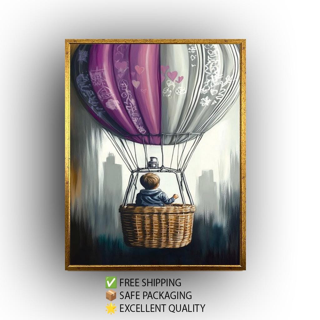 Graffiti Hot Air Balloon Painting, Dreamy Child Adventure Art, Hand Painted Surreal Wall Decor, Graffiti Art, Balloon Wall Art