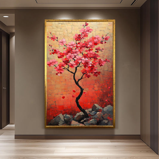 Cherry Blossom Tree Painting, Japanese Sakura Wall Art, Hand Painted Floral Canvas, Textured Blossom Artwork, Elegant Nature Home Decor