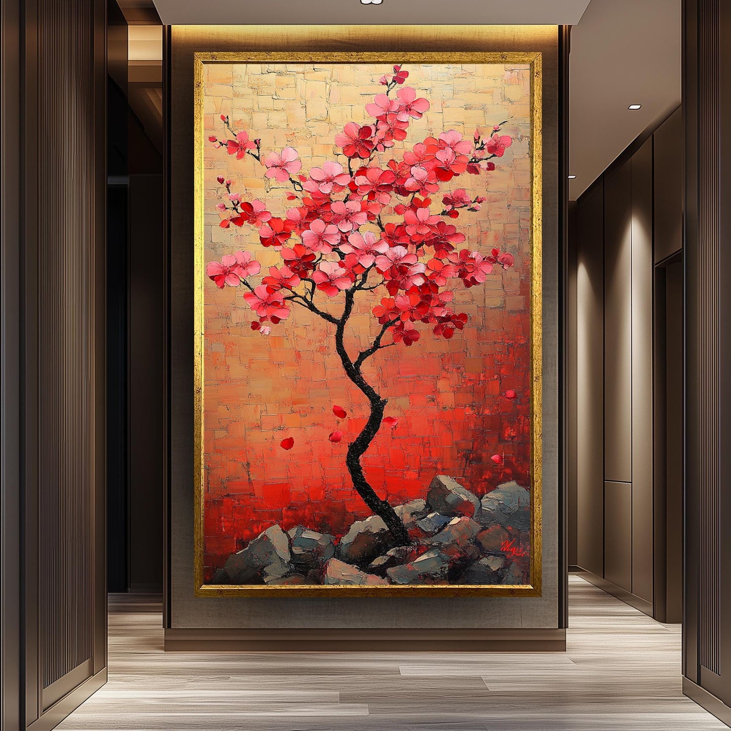 Cherry Blossom Tree Painting, Japanese Sakura Wall Art, Hand Painted Floral Canvas, Textured Blossom Artwork, Elegant Nature Home Decor