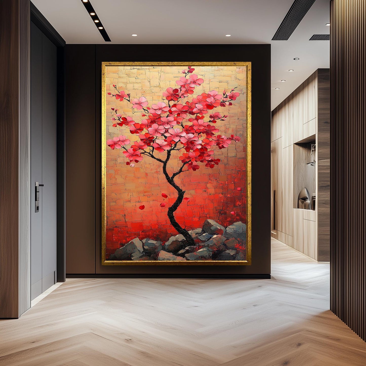 Cherry Blossom Tree Painting, Japanese Sakura Wall Art, Hand Painted Floral Canvas, Textured Blossom Artwork, Elegant Nature Home Decor