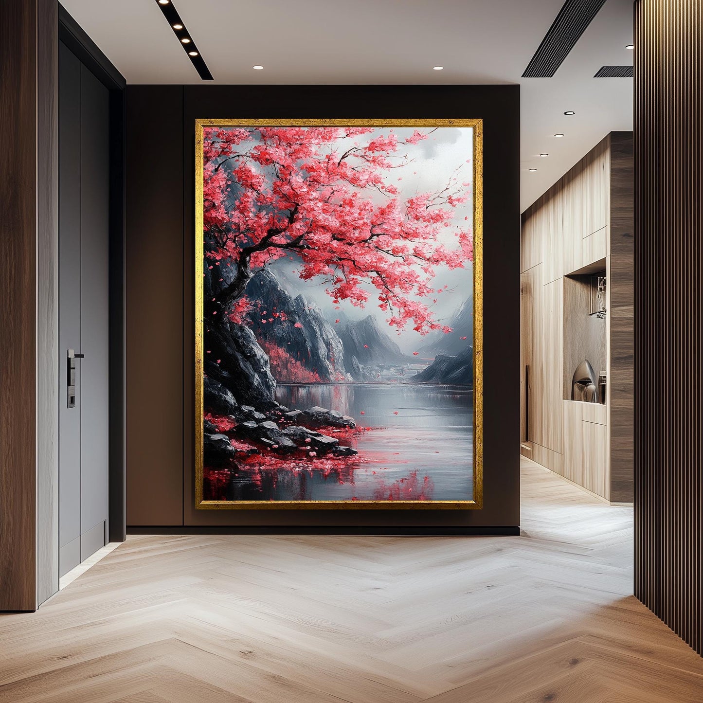 Japanese Cherry Blossom Painting, Tranquil Sakura Landscape Art, Sakura Wall Art Nature Canvas, Textured Floral Wall Decor, Zen Home Gift
