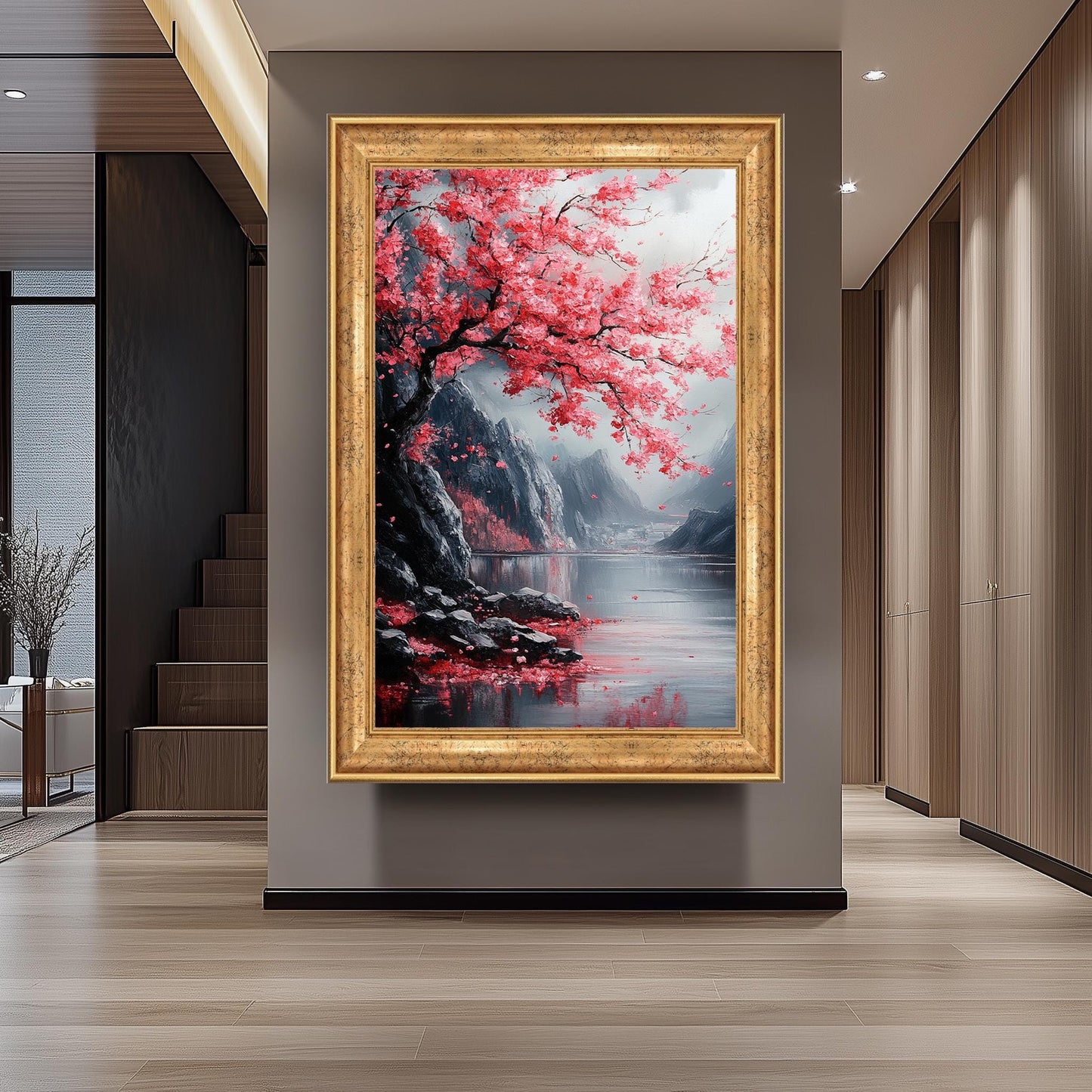 Japanese Cherry Blossom Painting, Tranquil Sakura Landscape Art, Sakura Wall Art Nature Canvas, Textured Floral Wall Decor, Zen Home Gift
