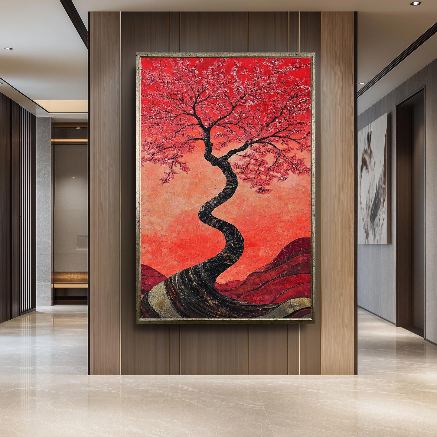 Red Cherry Blossom Tree Painting, Japanese Sakura Art, Hand Painted Textured Canvas, Elegant Floral Wall Decor, Zen Nature Home Gift