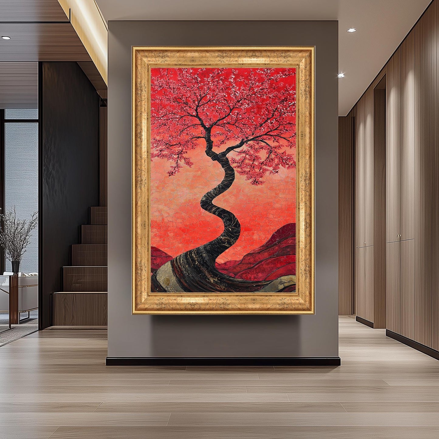 Red Cherry Blossom Tree Painting, Japanese Sakura Art, Hand Painted Textured Canvas, Elegant Floral Wall Decor, Zen Nature Home Gift