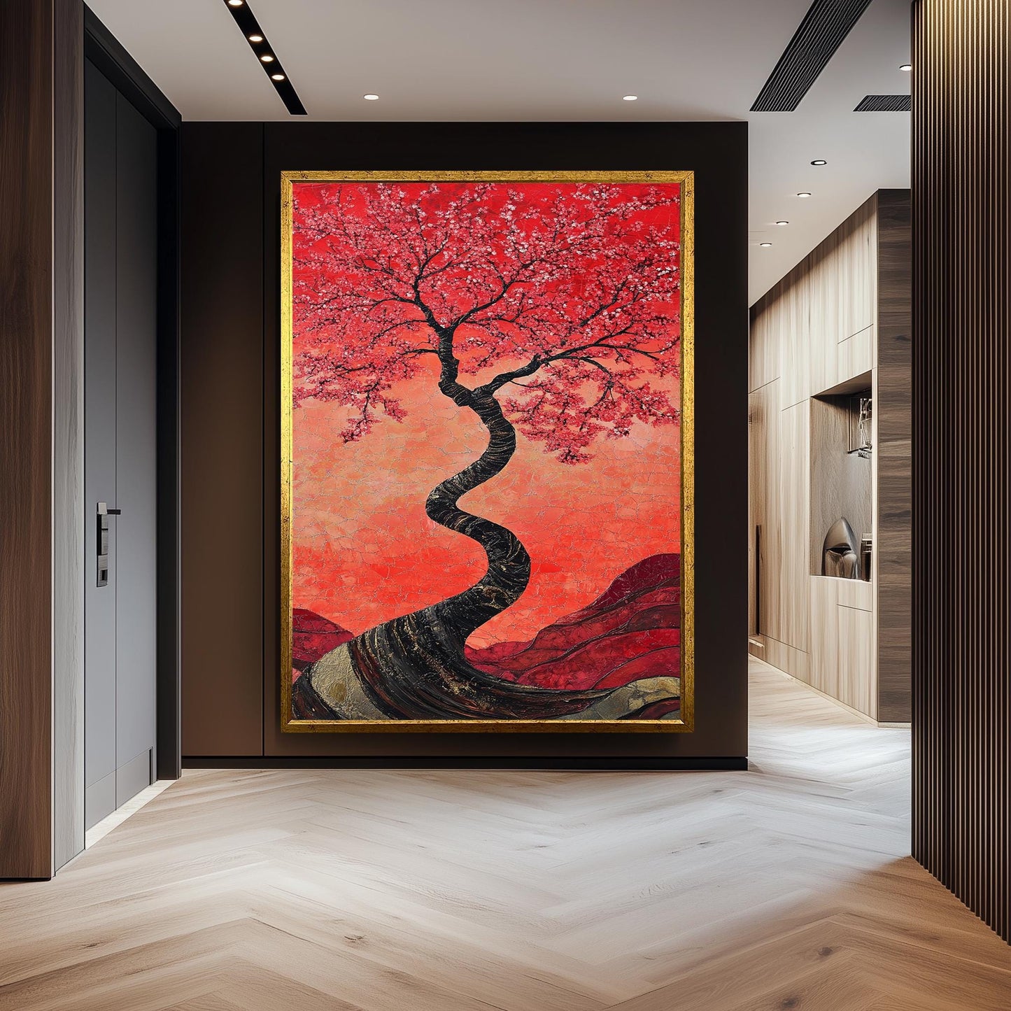 Red Cherry Blossom Tree Painting, Japanese Sakura Art, Hand Painted Textured Canvas, Elegant Floral Wall Decor, Zen Nature Home Gift