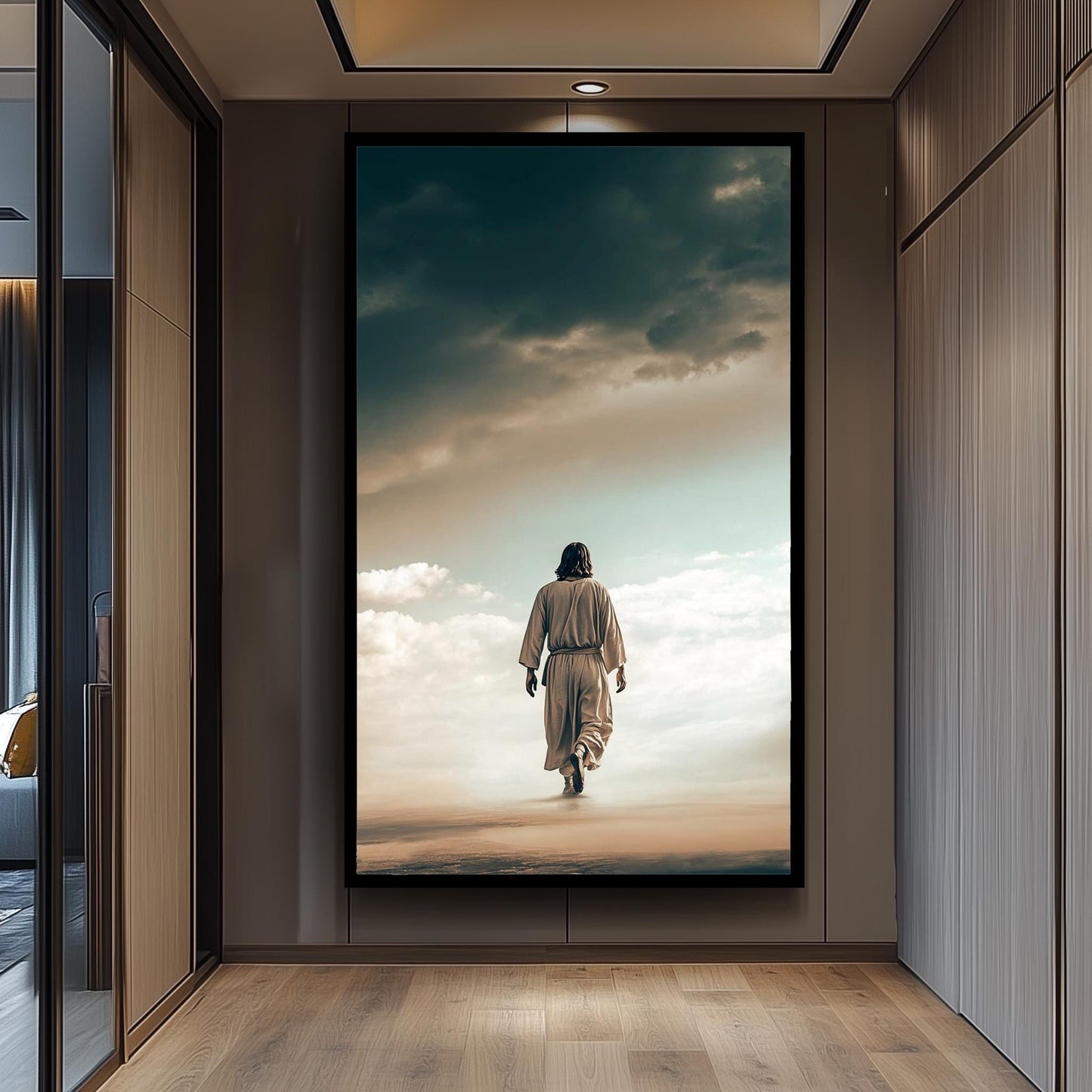 Jesus Walking on Clouds Canvas Art  Inspirational Christian Wall Print for Faithful Home Decor, Spiritual Gift or Heavenly Religious Accent