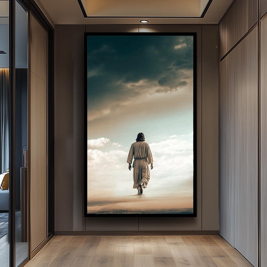 Jesus Walking on Clouds Canvas Art  Inspirational Christian Wall Print for Faithful Home Decor, Spiritual Gift or Heavenly Religious Accent