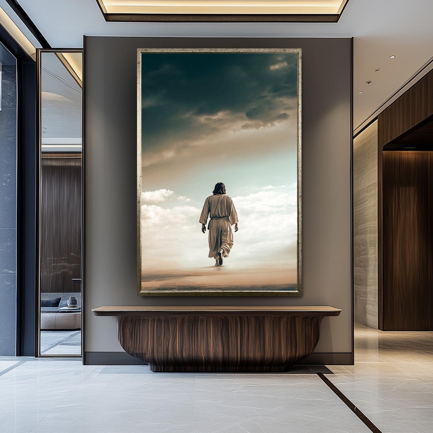Jesus Walking on Clouds Canvas Art  Inspirational Christian Wall Print for Faithful Home Decor, Spiritual Gift or Heavenly Religious Accent