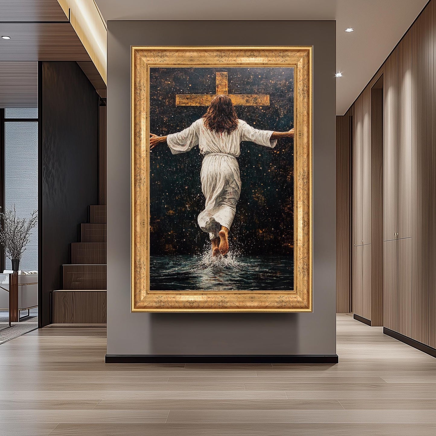 Jesus Walking Toward the Cross Canvas -Powerful Christian Wall Art on Water, Faith-Inspired Home Decor or Spiritual Religious Gift Jesus Art
