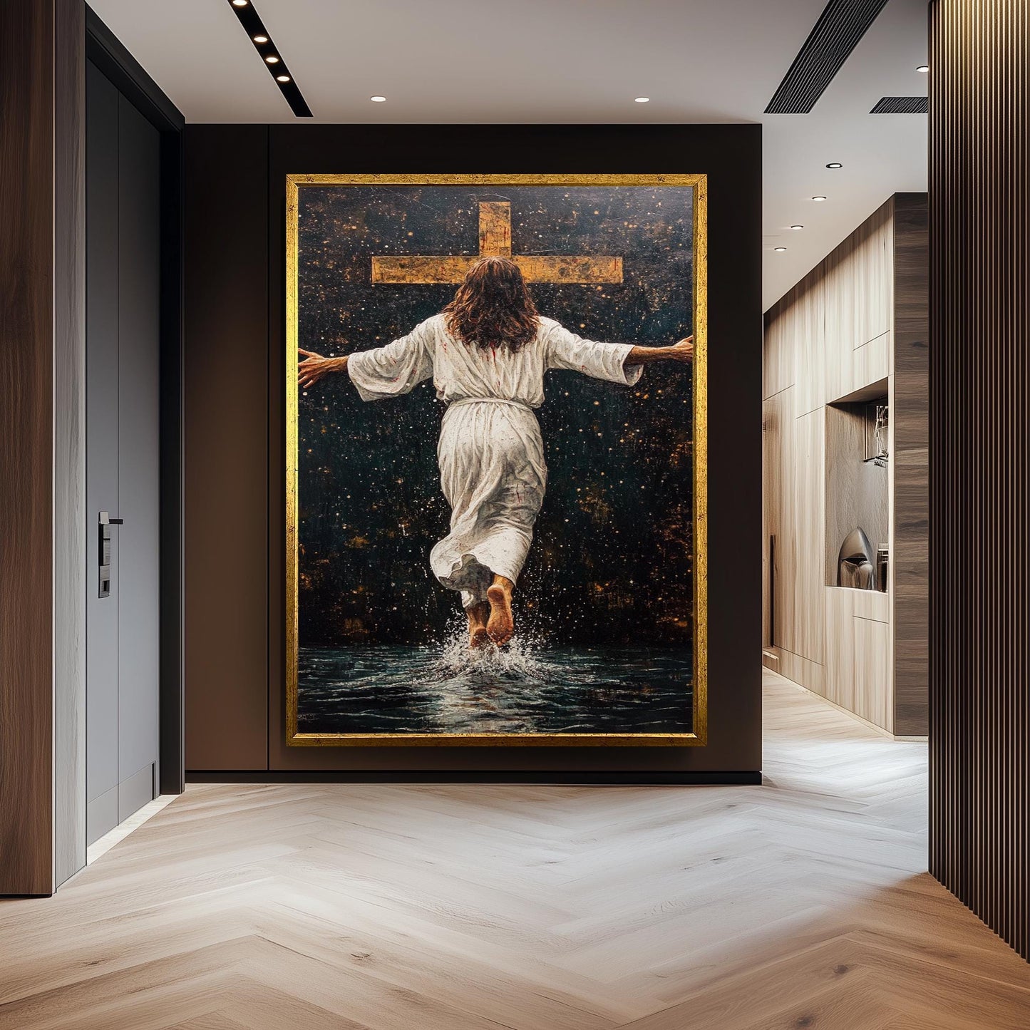 Jesus Walking Toward the Cross Canvas -Powerful Christian Wall Art on Water, Faith-Inspired Home Decor or Spiritual Religious Gift Jesus Art