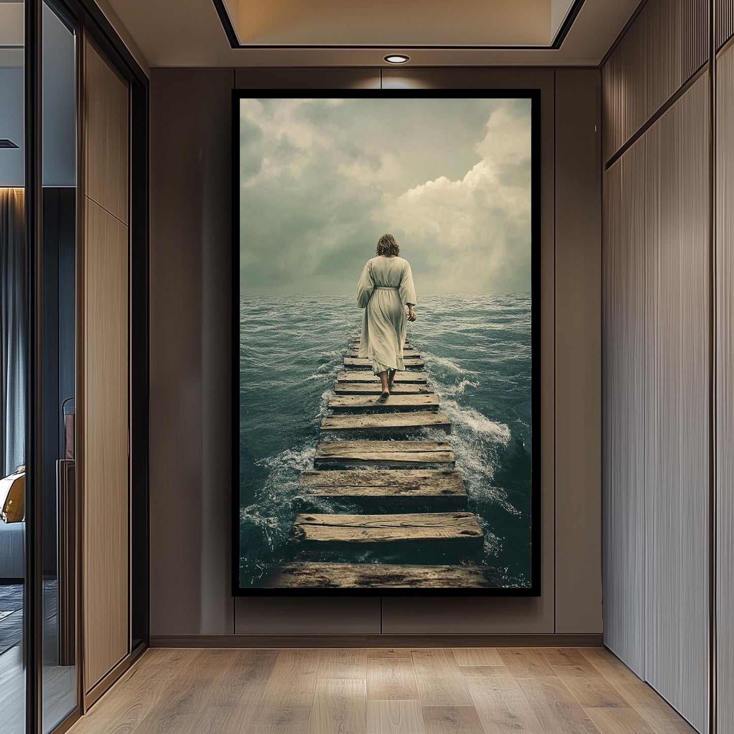 Jesus Walking on Water Pier Canvas  Faithful Christian Wall Art for Spiritual Reflection, Religious Home Decor or Inspiring Gift Idea