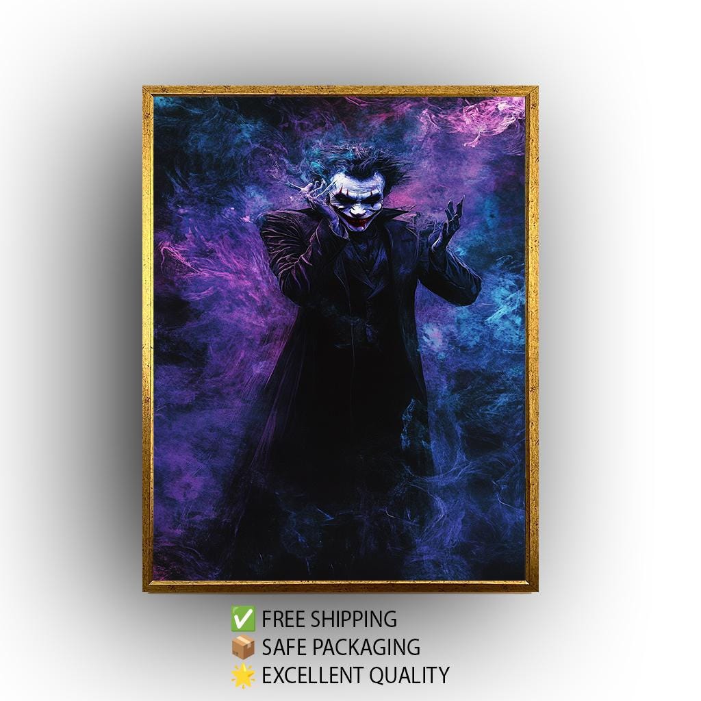Dark Clown Abstract Canvas Wall Art  Mysterious Smoke Artwork for Comic Fans, Villain-Inspired Decor or Gothic Pop Culture Gift Idea