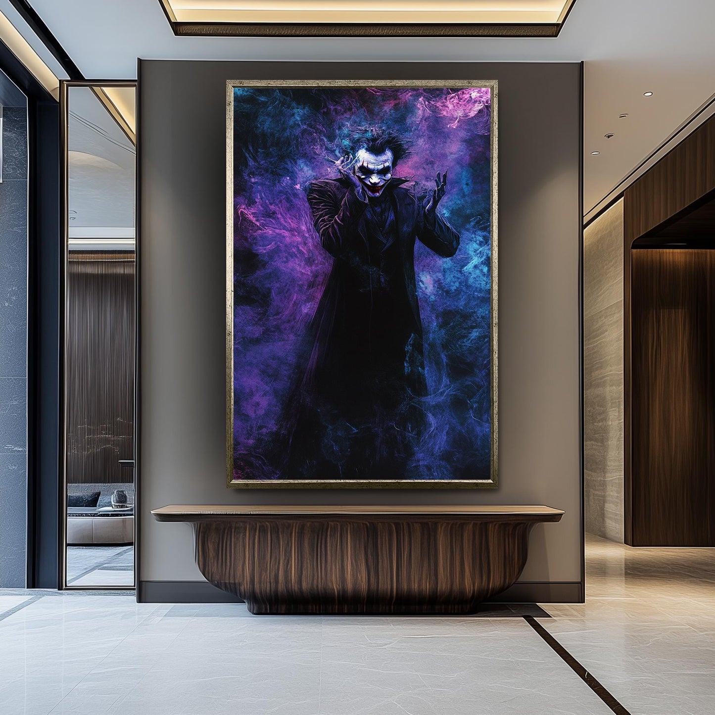 Dark Clown Abstract Canvas Wall Art  Mysterious Smoke Artwork for Comic Fans, Villain-Inspired Decor or Gothic Pop Culture Gift Idea