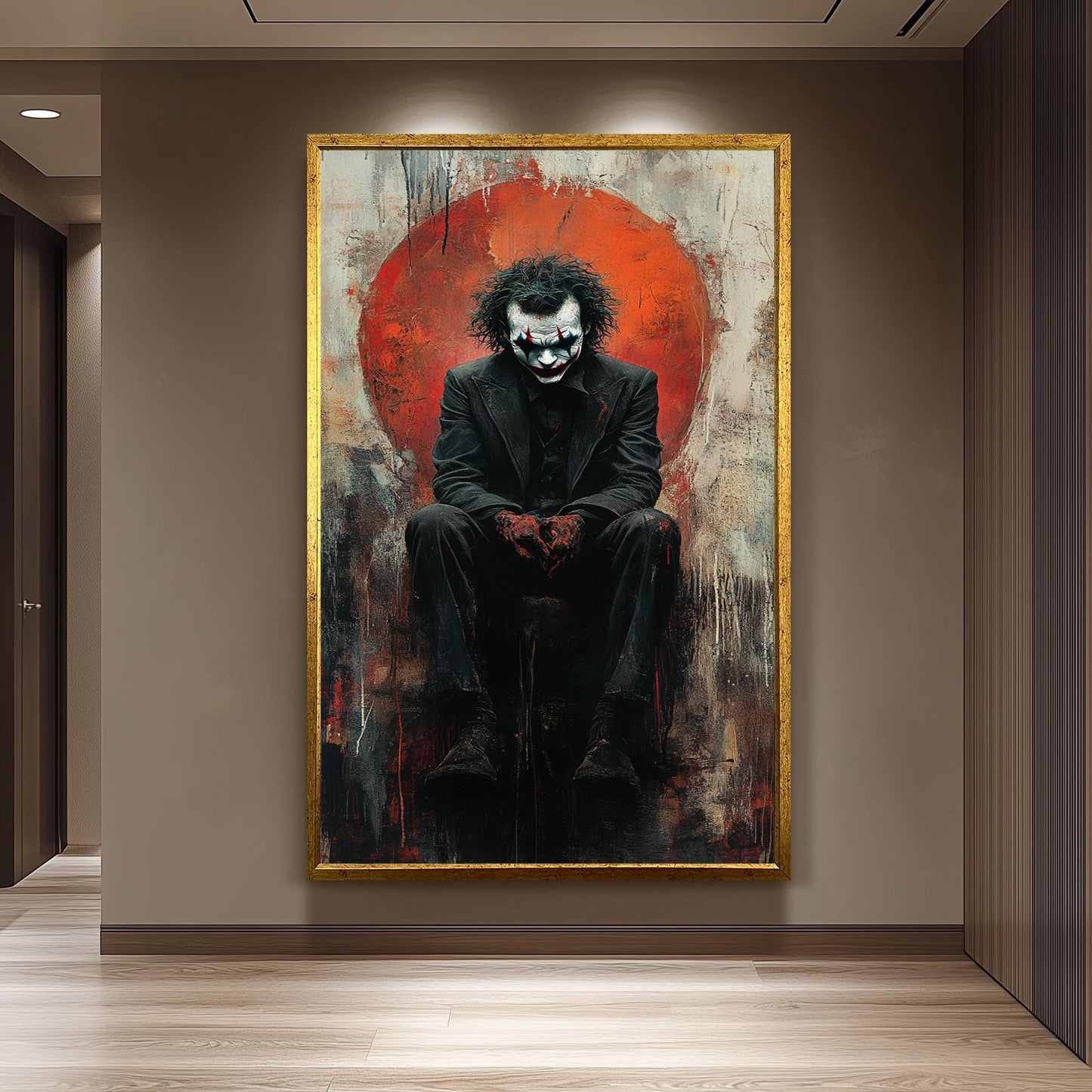 Dark Clown Sitting Canvas Art  Gritty Abstract Villain Painting with Red Chaos, Gothic Pop Culture Wall Decor or Moody Fan Gift