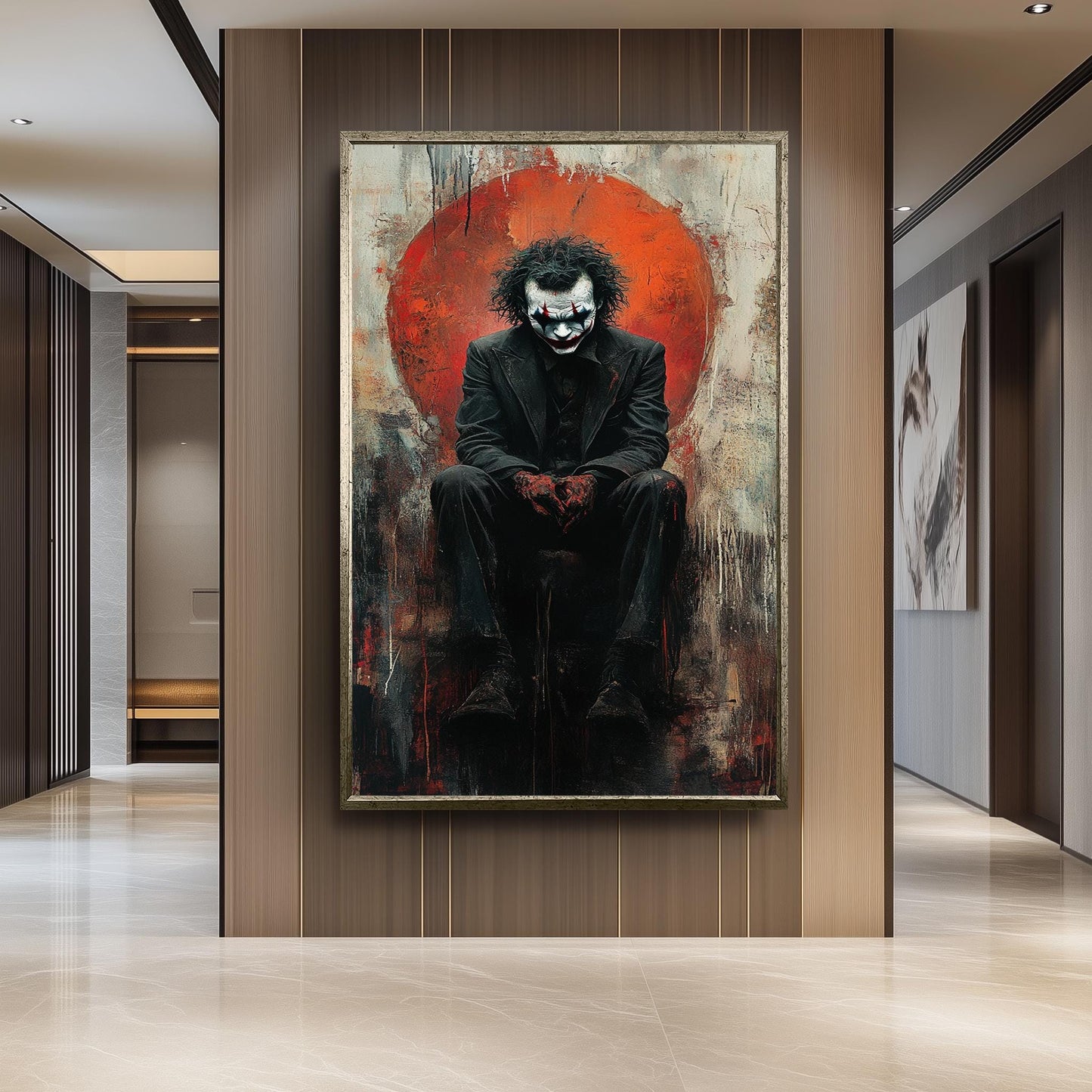 Dark Clown Sitting Canvas Art  Gritty Abstract Villain Painting with Red Chaos, Gothic Pop Culture Wall Decor or Moody Fan Gift