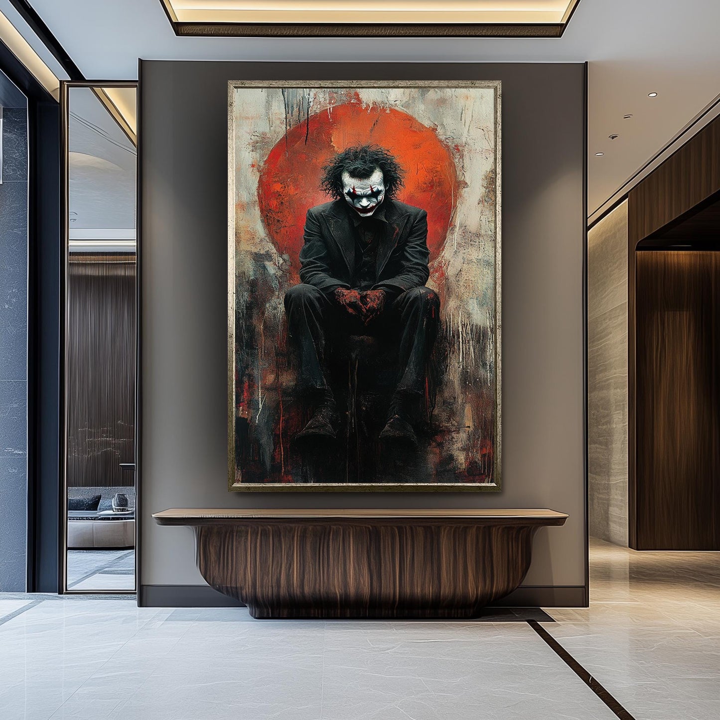 Dark Clown Sitting Canvas Art  Gritty Abstract Villain Painting with Red Chaos, Gothic Pop Culture Wall Decor or Moody Fan Gift