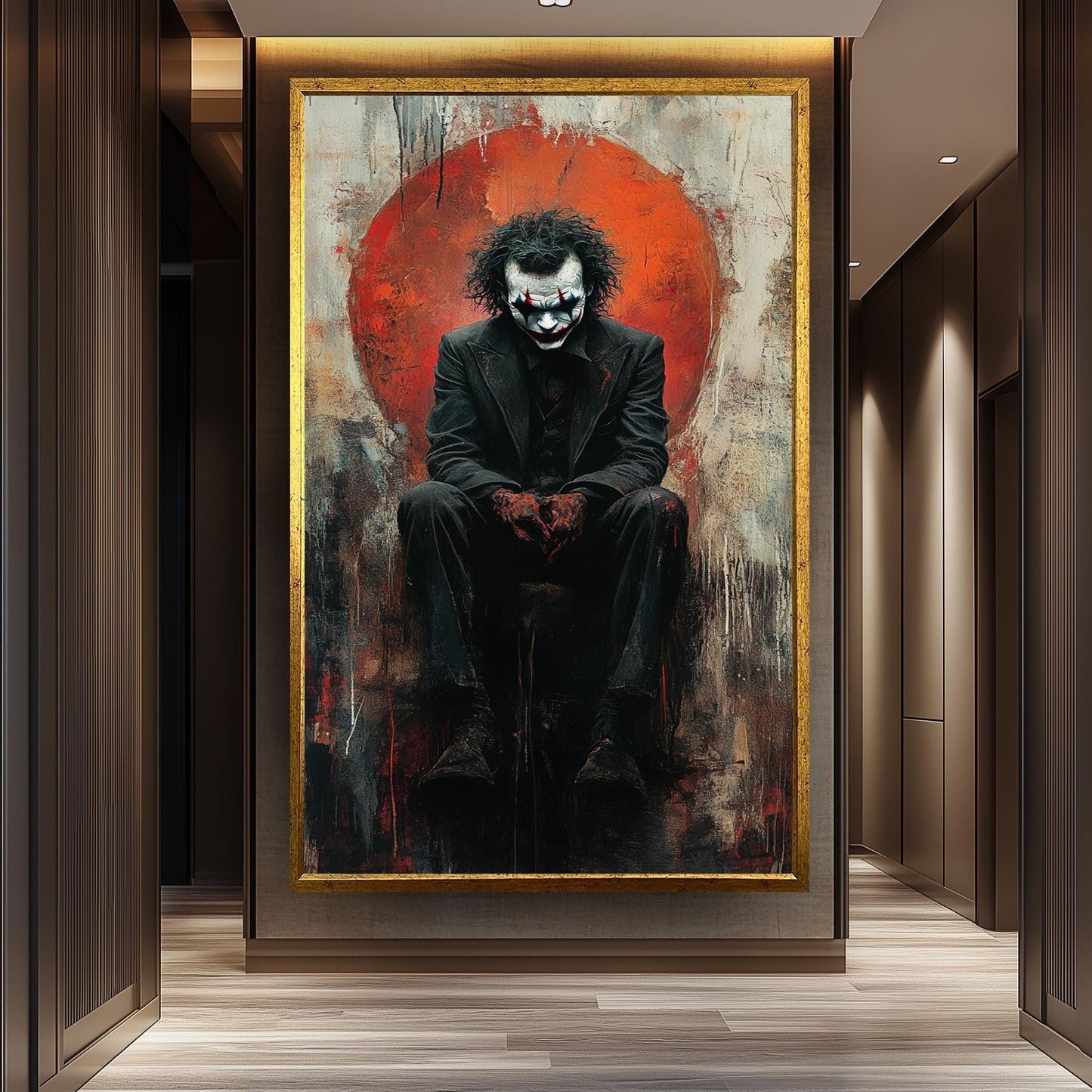 Dark Clown Sitting Canvas Art  Gritty Abstract Villain Painting with Red Chaos, Gothic Pop Culture Wall Decor or Moody Fan Gift