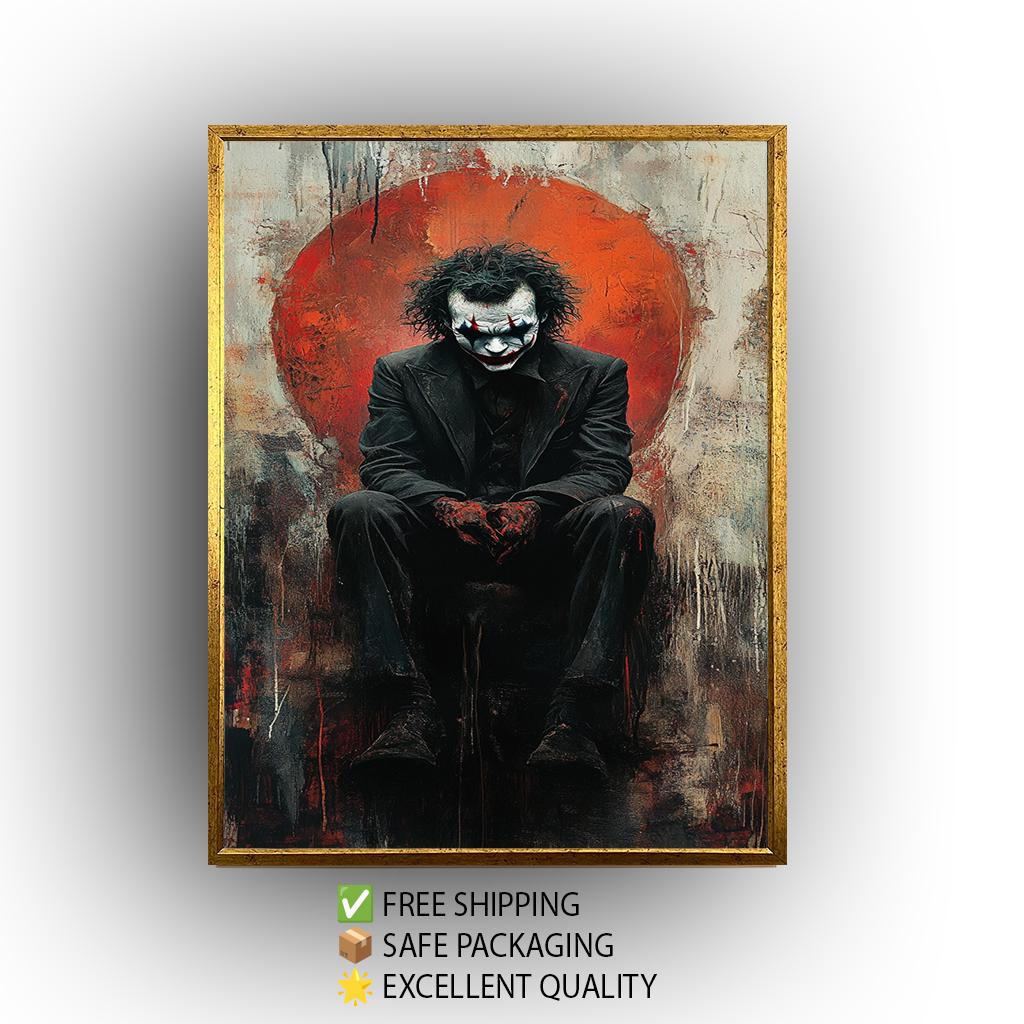 Dark Clown Sitting Canvas Art  Gritty Abstract Villain Painting with Red Chaos, Gothic Pop Culture Wall Decor or Moody Fan Gift