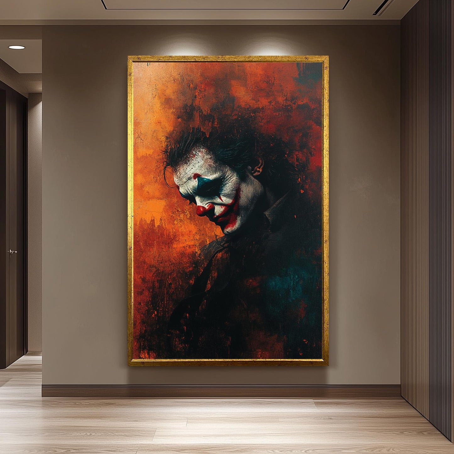 Sad Clown Canvas Wall Art  Emotional Abstract Painting with Fiery Orange Background, Gothic Home Decor or Unique Pop Culture Gift Clown Art
