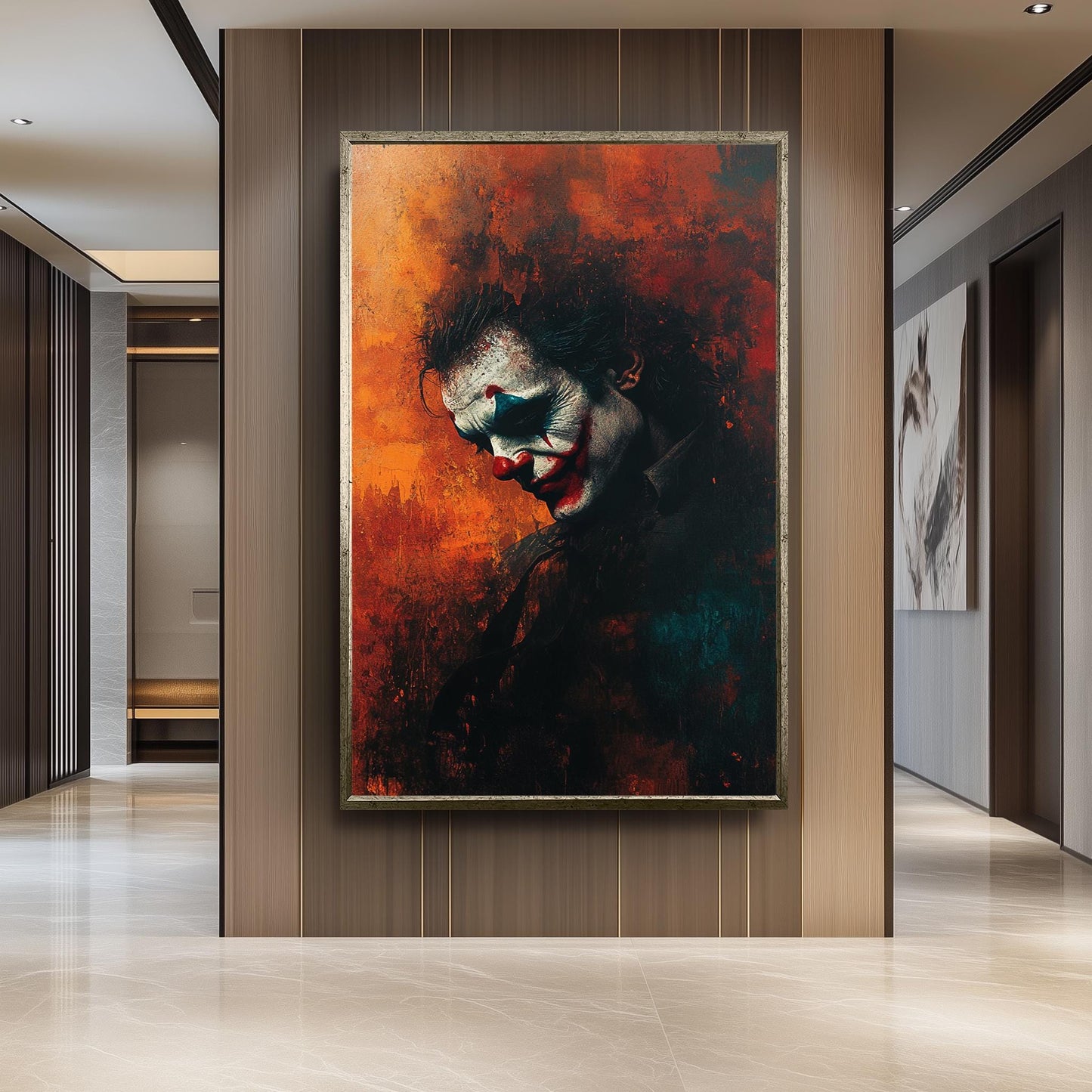 Sad Clown Canvas Wall Art  Emotional Abstract Painting with Fiery Orange Background, Gothic Home Decor or Unique Pop Culture Gift Clown Art