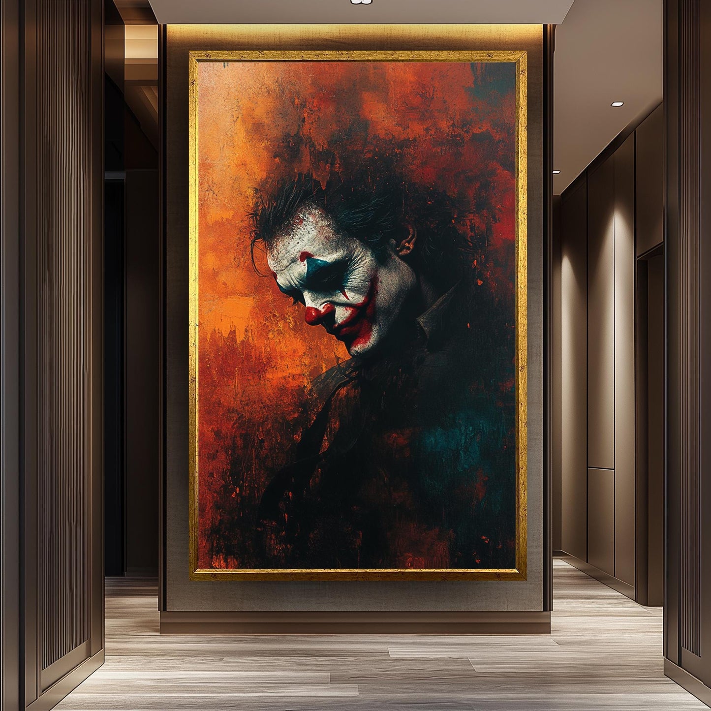 Sad Clown Canvas Wall Art  Emotional Abstract Painting with Fiery Orange Background, Gothic Home Decor or Unique Pop Culture Gift Clown Art