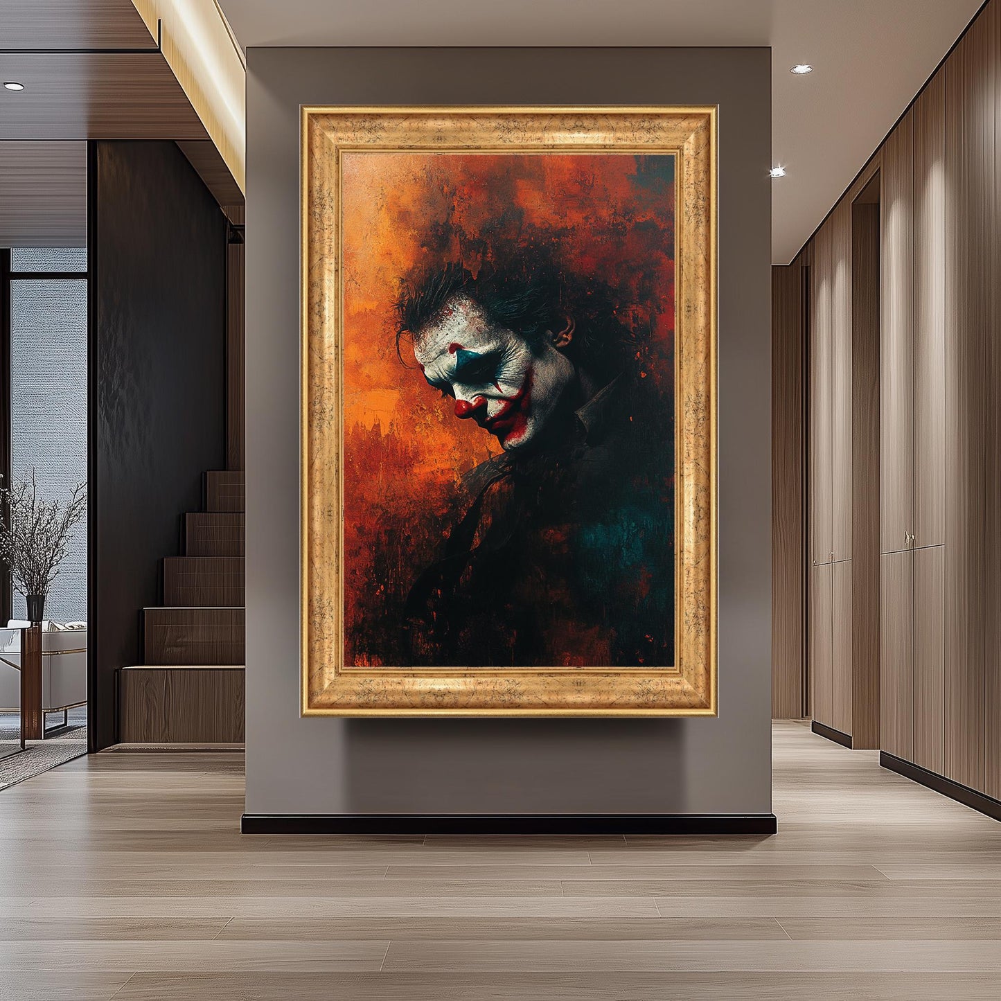 Sad Clown Canvas Wall Art  Emotional Abstract Painting with Fiery Orange Background, Gothic Home Decor or Unique Pop Culture Gift Clown Art