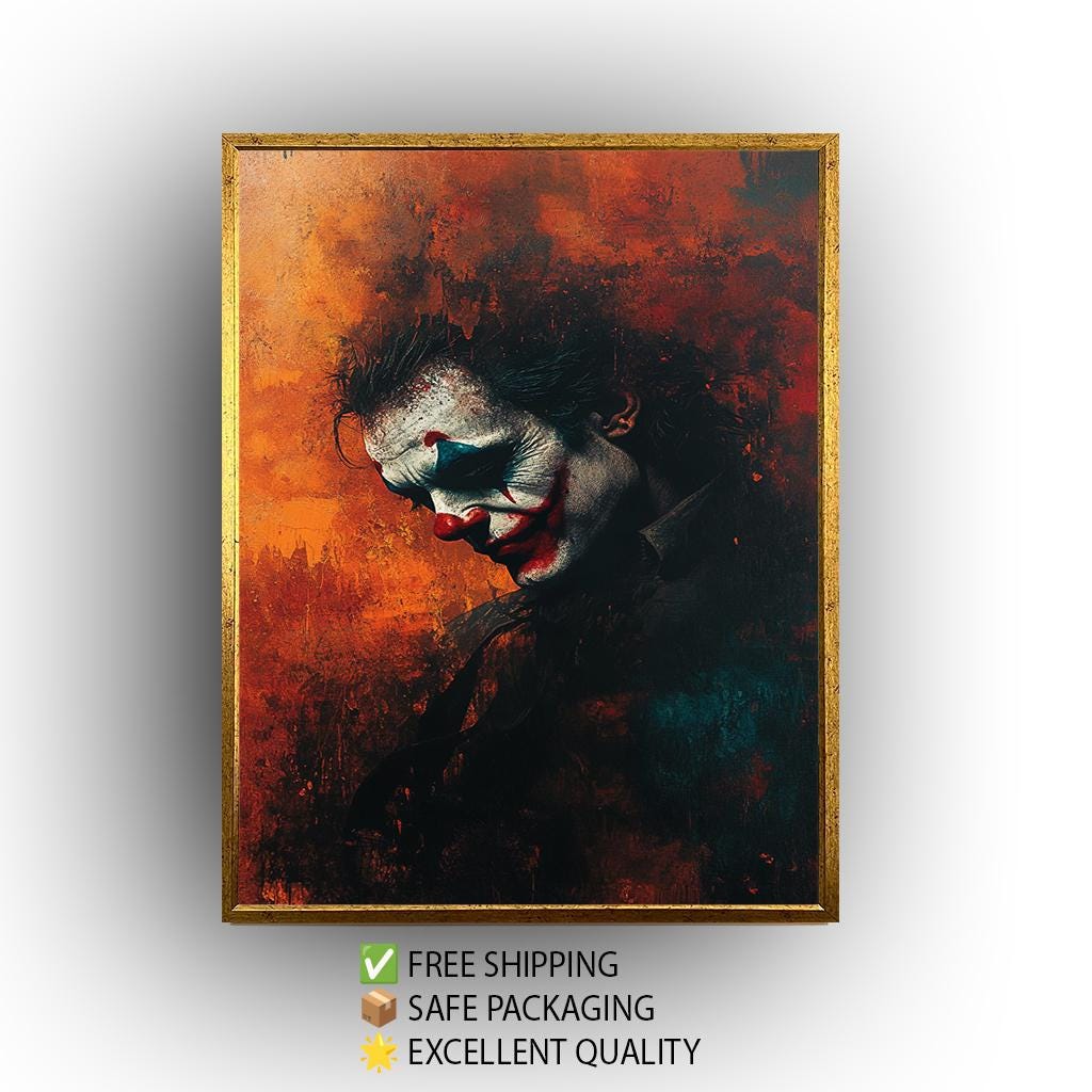 Sad Clown Canvas Wall Art  Emotional Abstract Painting with Fiery Orange Background, Gothic Home Decor or Unique Pop Culture Gift Clown Art