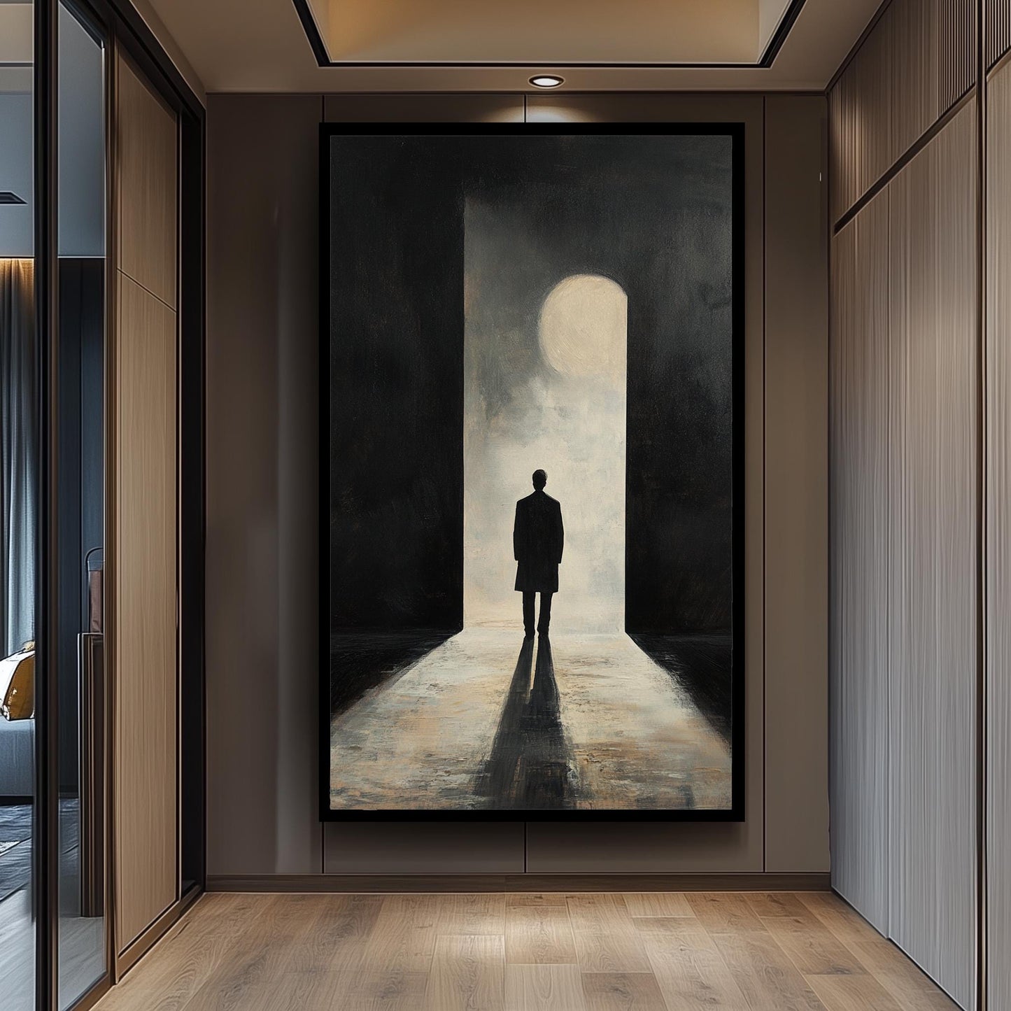 Minimalist Silhouette Wall Art Canvas Print  Moody Man in Doorway Modern Painting, Dark Abstract Shadow Art for Contemporary Spaces Man Art
